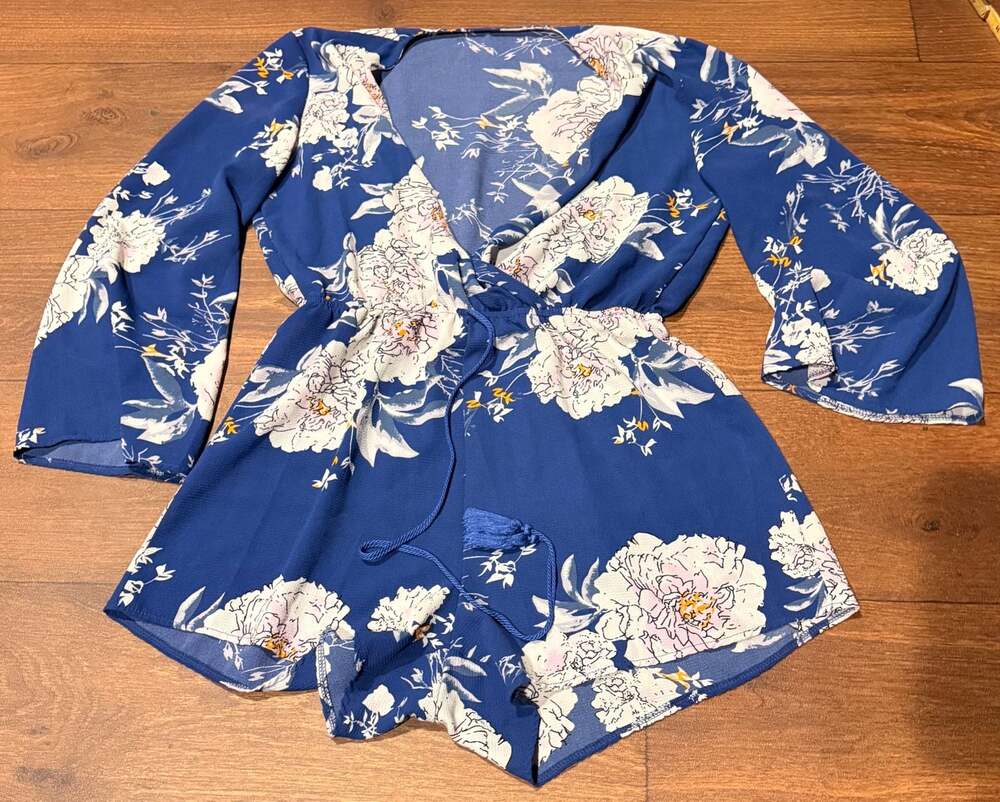 Blue Floral Chiffon Long Sleeve Wrap Romper with Tassels